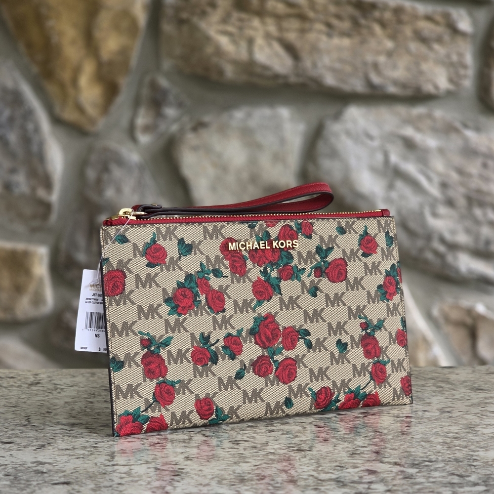 Michael Kors Jet Set Logo Floral Large Zip Clutch Wristlet